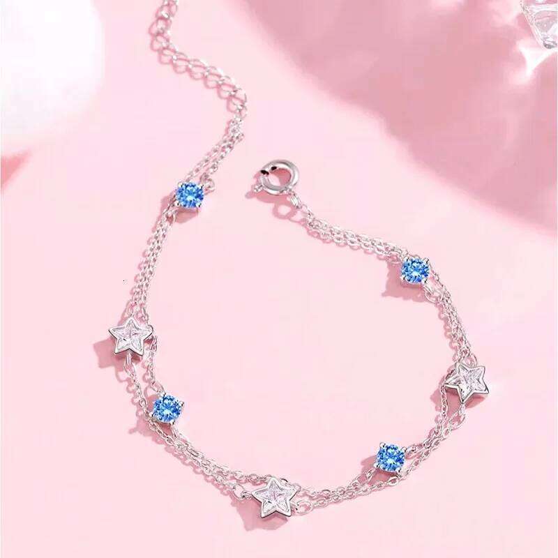 Fine 925 Sterling Silver Sparking Star For Women Girls Vintage Korean Blue White Crystal Bracelets Party Jewelry Gifts Z260313