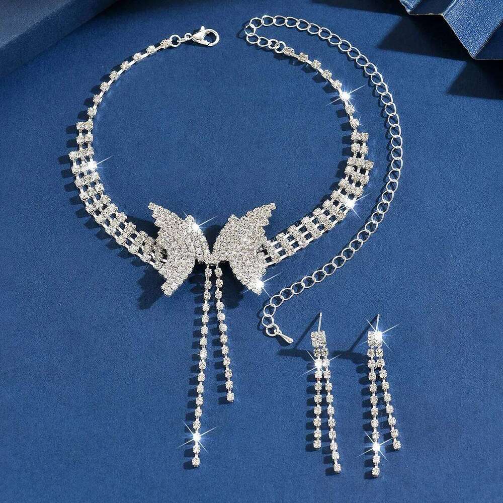 2026 Bling Rhinestone Butterfly Choker Necklace & Earrings Set Women's Tassel Collar Party Jewelry Y2K Sparkling Accessories Z260313