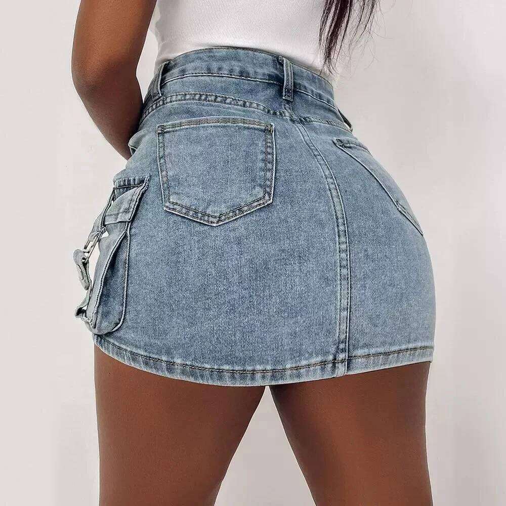 Pocket Design Buckled Denim Women High Waist Short Mini Skirt Sexy Summer Fashion Z260314