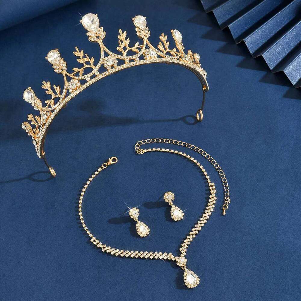 Ladies' Fashion Waterdrop Geometric Flowers Gorgeous and Elegant Crown Necklace Earrings Jewelry Set Z260313