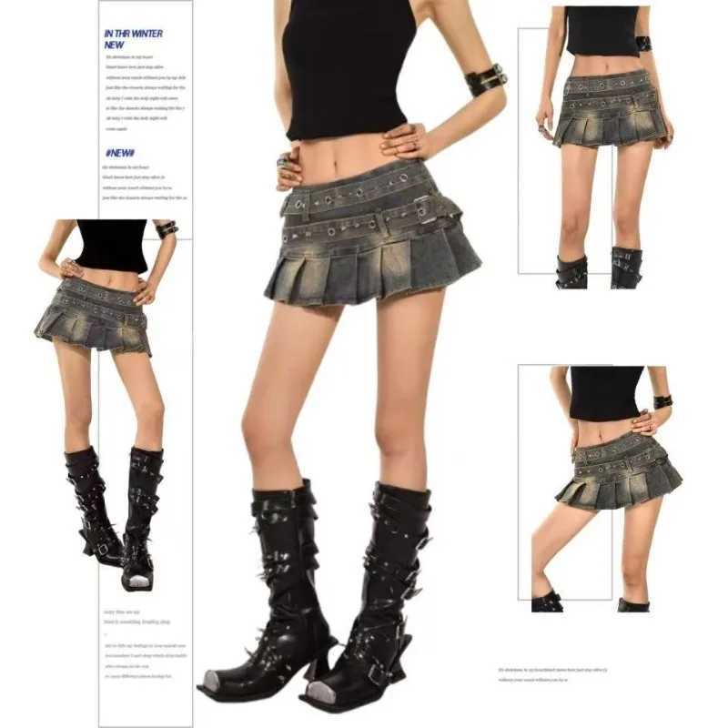 American Sexy Denim Mini Skirt Women Summer A Line Slim Fit Pleated Short Skirt High Waist Chic Streetwear Fashion s Outfits M260314