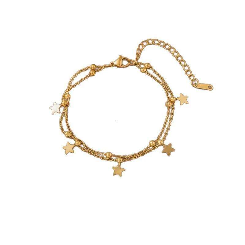 Charm Gold Color Stainless Steel Double-layer Five-pointed Star Round Bead Pendant Bracelet Anklets for Woman Jewelry Accessory Z260313