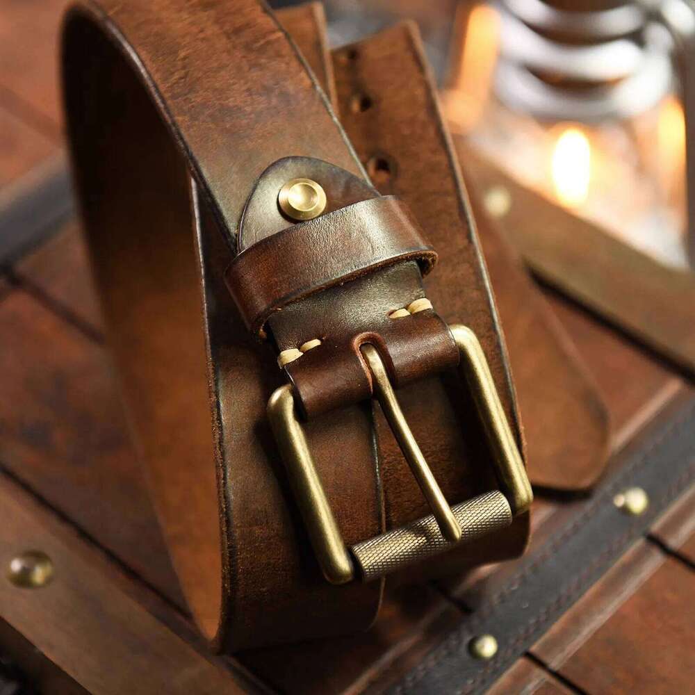 4cm Wide American Handmade Extra Thick Cowhide Men's Vintage Brass Pin Buckle Genuine Leather Jeans Tooling Motorcycle Belt Z260226