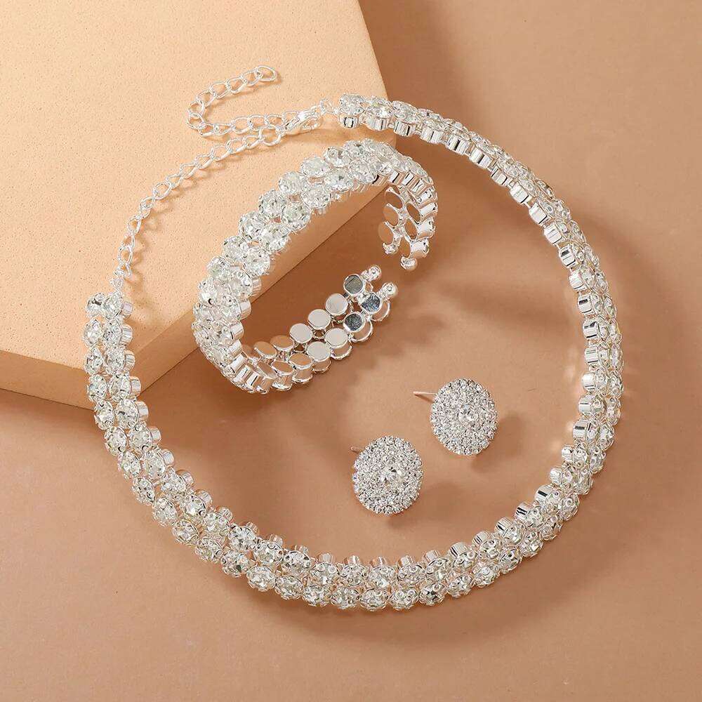 Light Luxury Double Layer Choker Necklace for Women Full Rhinestone Cuff Bracelet Stud Earring Braidal Wedding Party Jewelry Set Z260313
