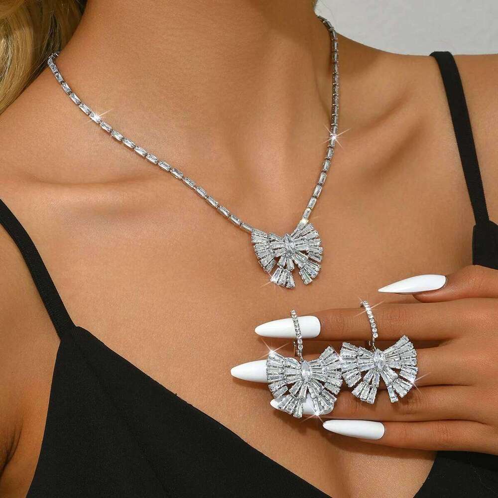 3PC Women's Fashion Zircon Bow Necklace Earrings Jewelry Set Suitable for Wedding, Party, Festival Gifts-8551 Z260313