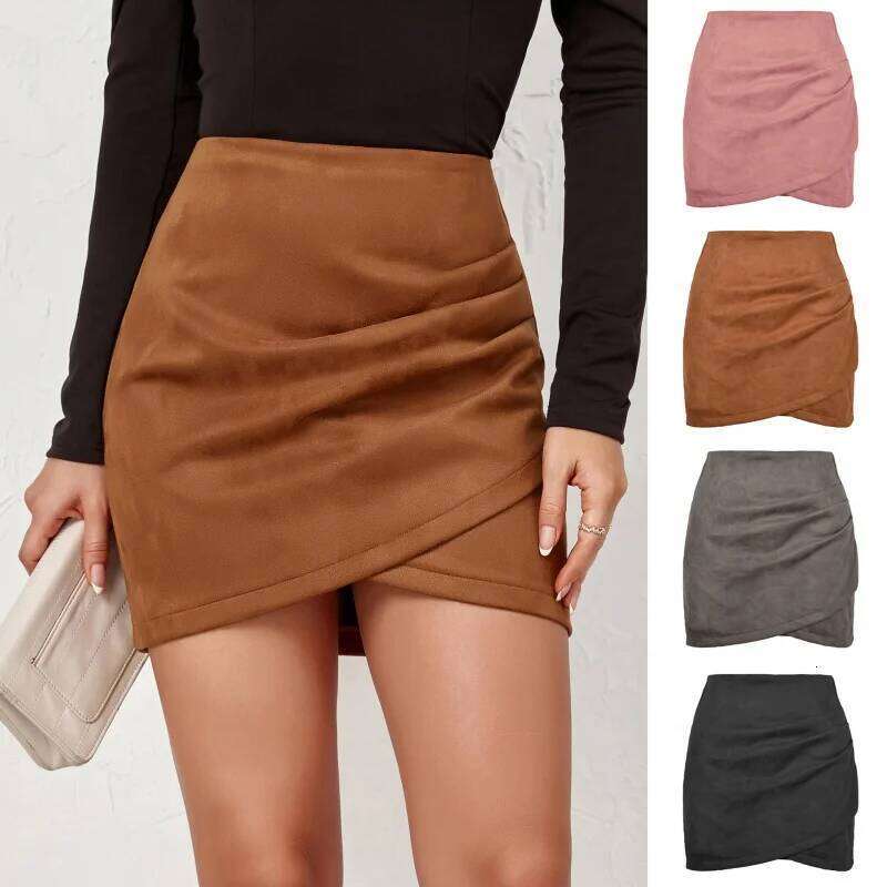 Suede Leather Pencil Women'S Solid Color High Waist Bodycon Mini With Pleated Asymmetric Hem Zip Vintage Short Skirt Z260314
