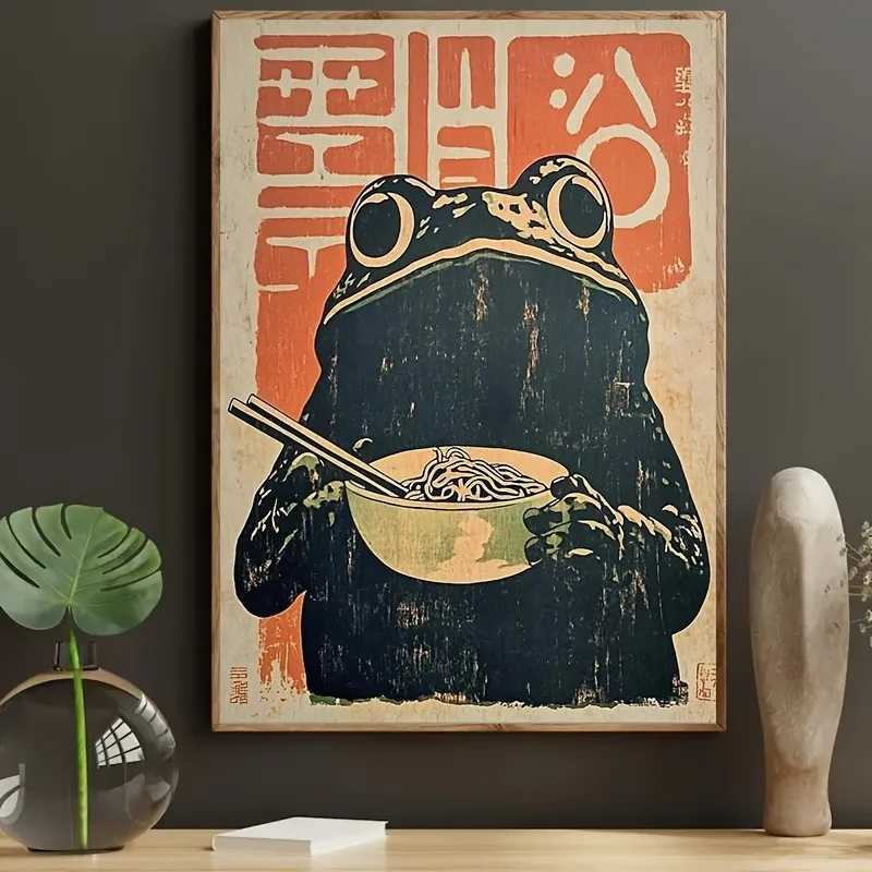 1pc Frameless Canvas Art Print Art Deco Retro Japanese Style Printed on Canvas with Frog Eating Ramen Wall Decoration D260314