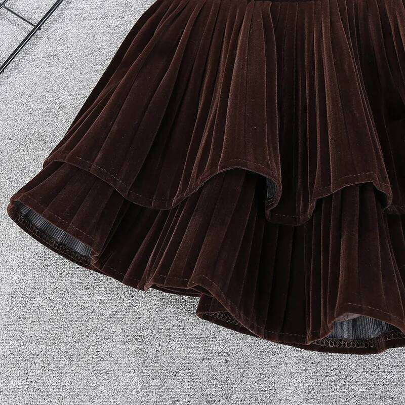 Velvet Tiered Mini Y2K Low-Rise Ruffled Pleated Short Skirt in Brown Black Autumn Winter Vintage Outfit Z260314