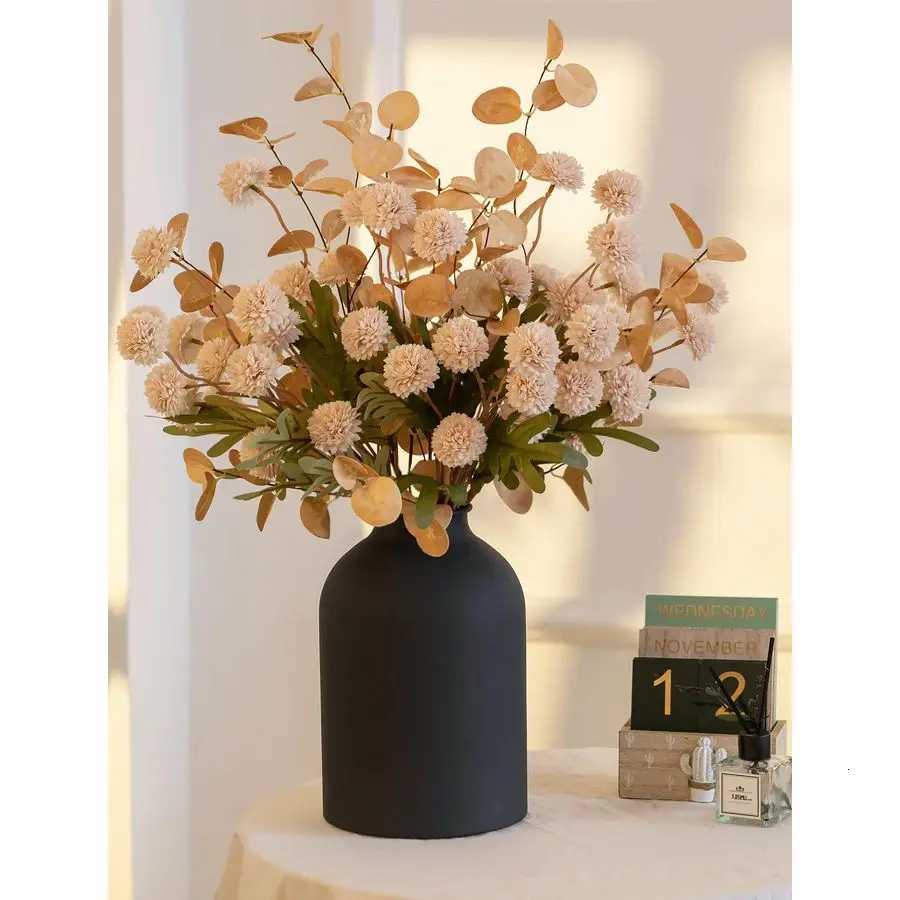 Dining Table Centerpiece Decor Metal Vase with 12 Stems of Fake Mums Kiku Flower Eucalyptuses for Living Room Beige Artificial P Y260314