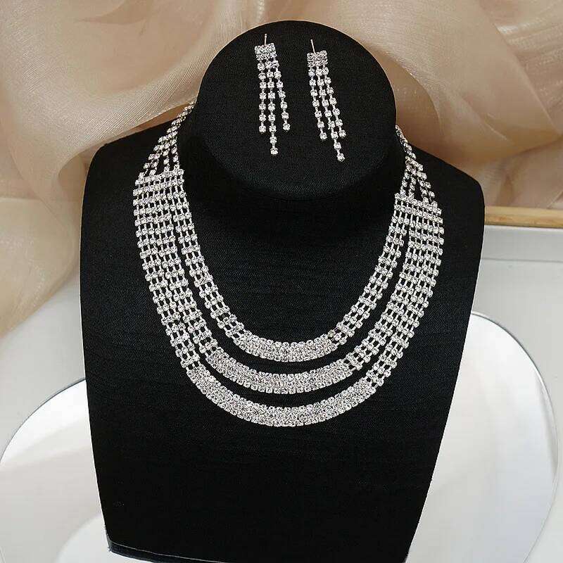 FYUAN Multilayer Geometric Rhinestone Earrings For Women Crystal Necklace Wedding Bride Jewelry Sets Accessories Z260313