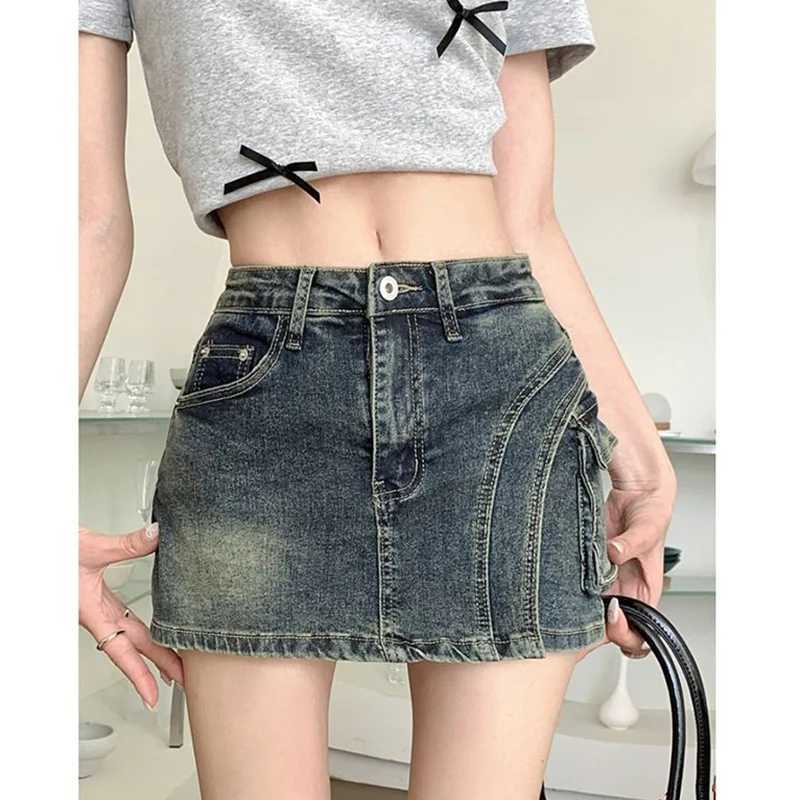 Summer Women Retro Blue High Waist Culottes Lady Thin Wrap Hip A-line Mini Jeans Skirts s Fashion Skinny Denim Dress M260314