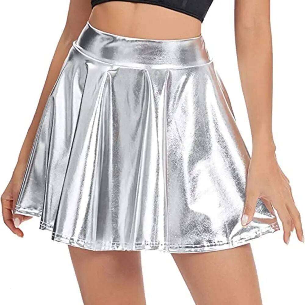 Elegant Metallic Pleated Retro Gold Silver A-line Skirt Solid Color Elastic Shiny Short Dress Festival Outfit Z260314