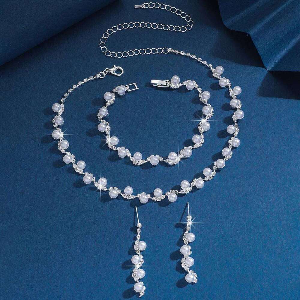 Pearl & Crystal Jewelry Set Choker Necklace Bracelet Drop Earrings Bridal Accessories for Wedding Prom Party Women Daily Wear Z260313