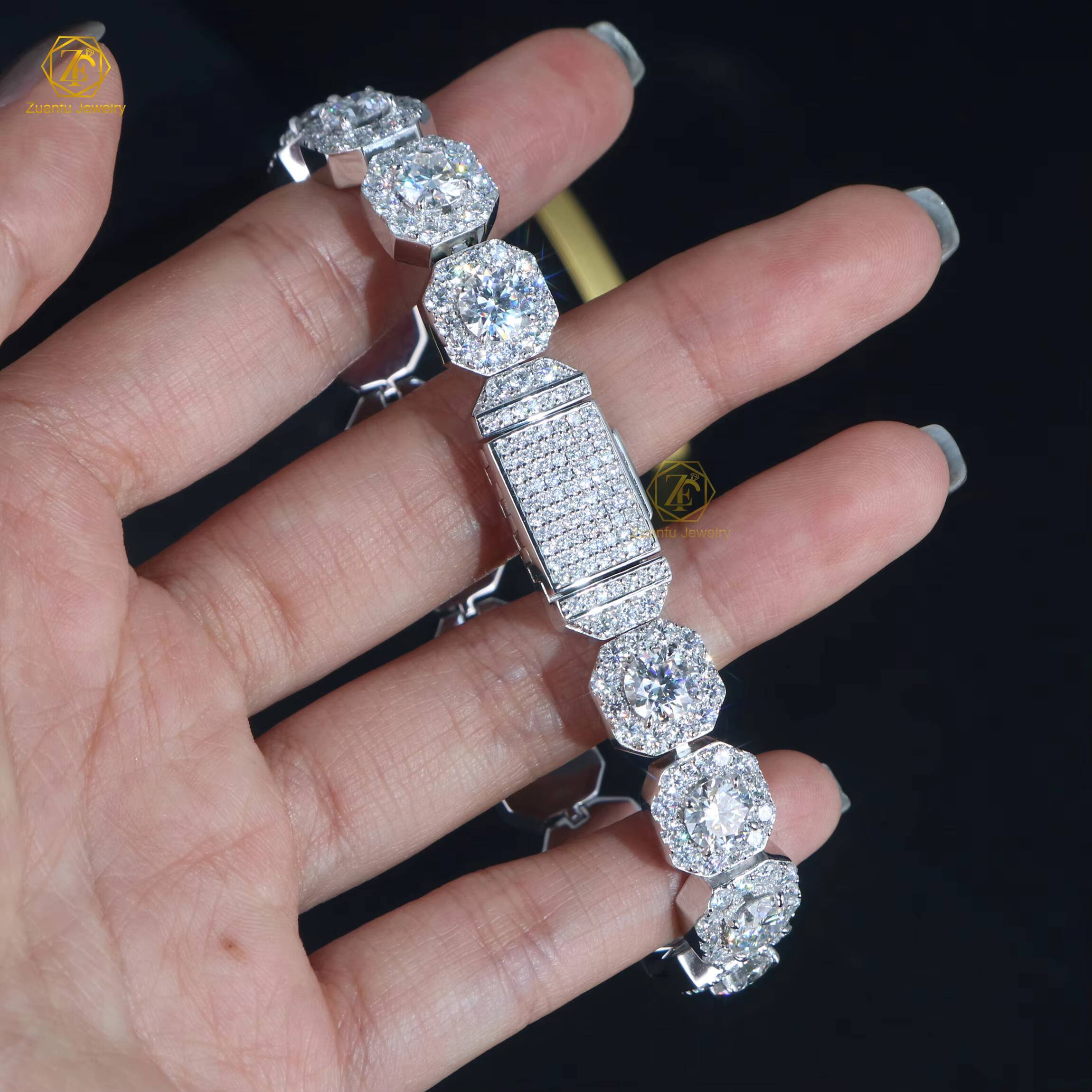 Iced Out 925 Silver D VVS1 Moissanite Chain Hip Hop Jewelry 11mm Square Shape 65mm Moissanite Cluster Tennis Bracelet
