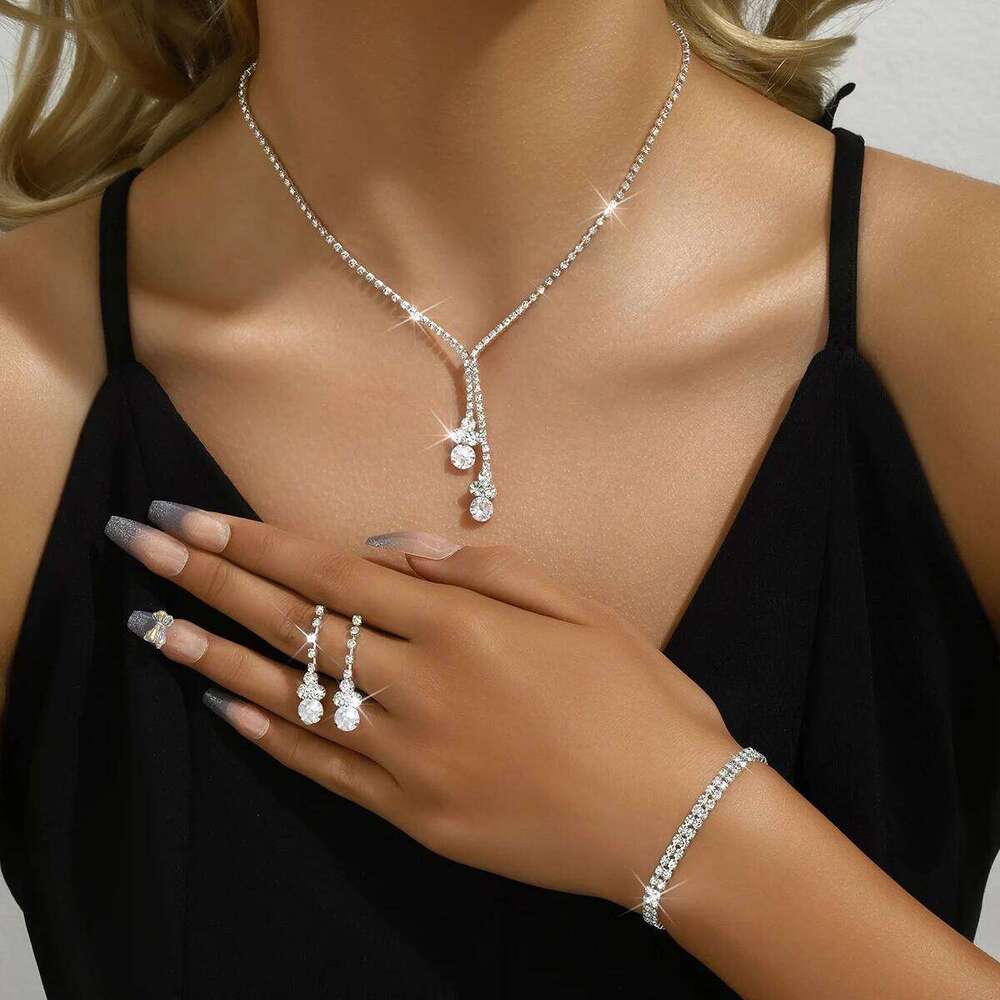 4PC Fashion Simple Copper Inlaid Rhinestone Claw Chain Necklace Earrings Bracelet Jewelry Set Women's Wedding Decoration-5273 Z260313