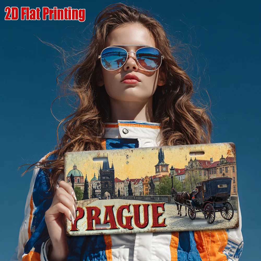 Printing Vintage Metal License Plate Outdoor Wall Art PRAGUE Aluminum Sign with Historic City and Horse Carriage Scene D260314