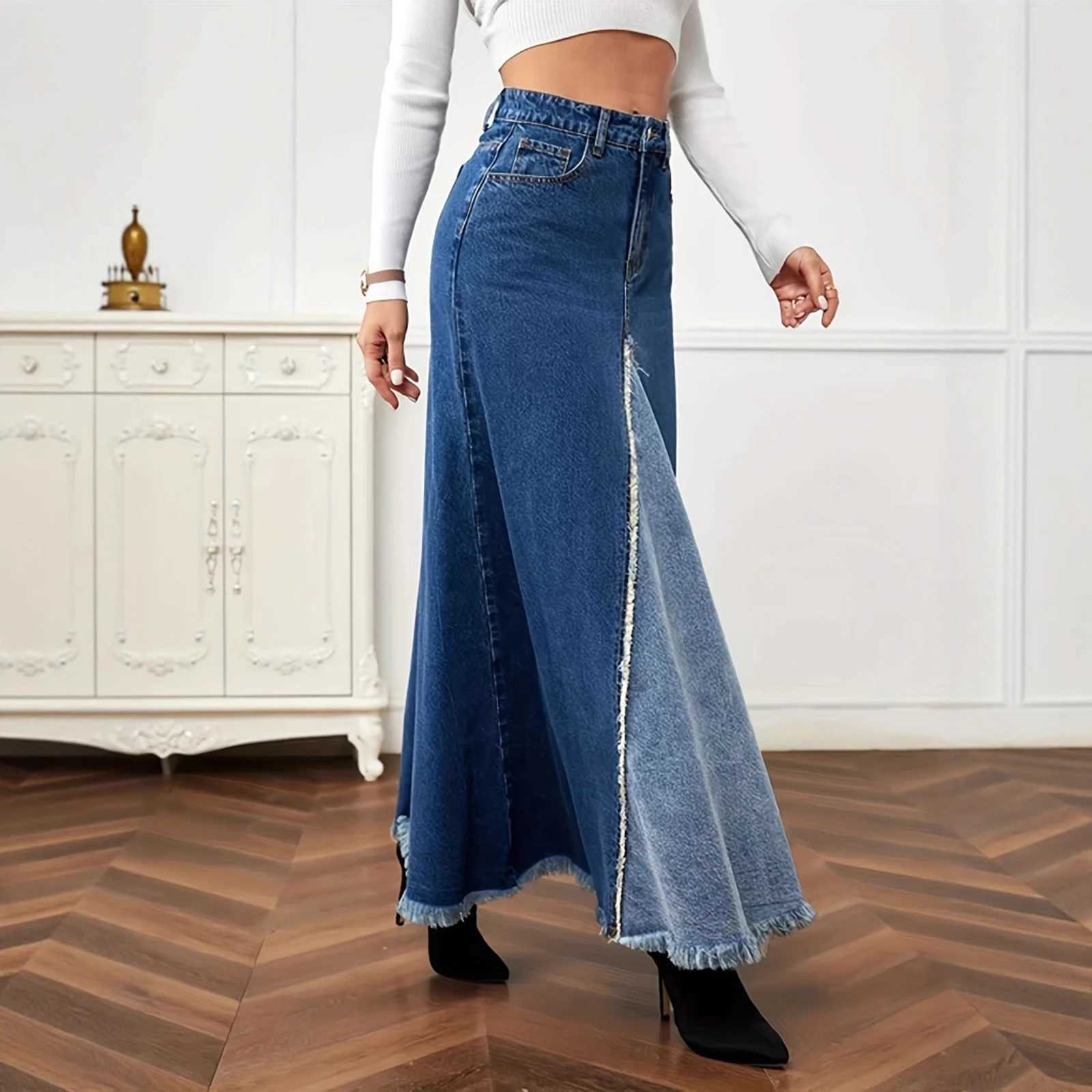 Boho Long Denim Skirts for Women Flowy High Waist Button Down Ruffled A-line Jean Casual Maxi Skirts with Pockets M260314