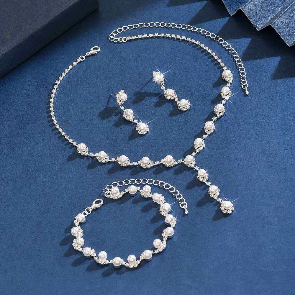 Women Pearl Rhinestone Jewelry Set Necklace Bracelet Earrings Party Prom Evening Fashion Accessories Z260313