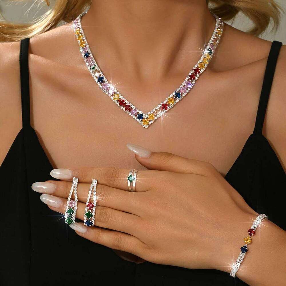 Elegant retro Korean style necklace, earring, bracelet, ring, four piece set, versatile and stylish accessory Z260313
