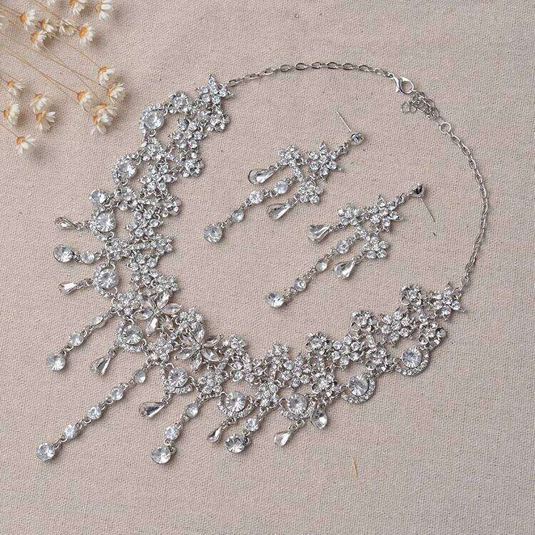 Luxury Silver Color Crystal Flowers Bridal Jewelry Set For Women Statement Necklace Earring Rhinestone Tiara Wedding Accessories Z260313