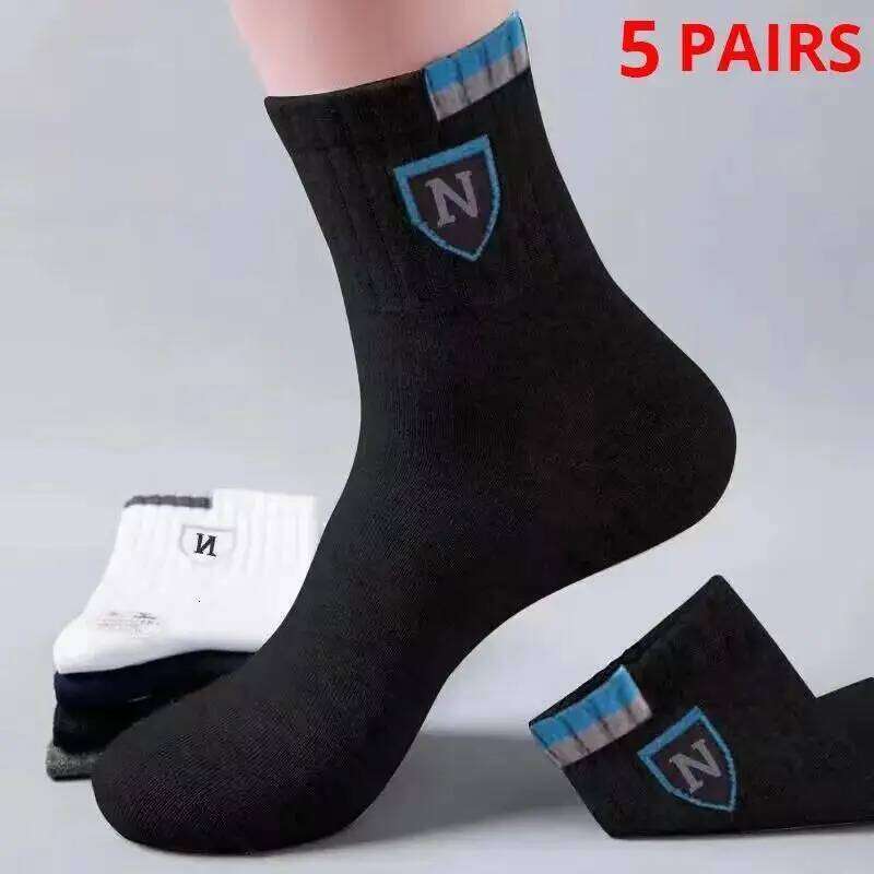 5 Pairs Men's Medium Length Can Be Worn with Letter Pattern In All Seasons Sports And Fashion Socks Z260314