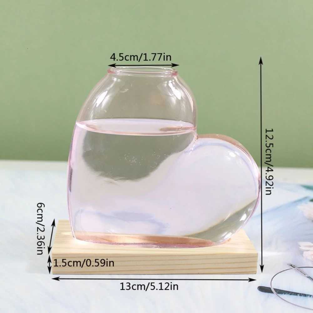 Colorful Love Shaped Glass Vase with Wooden Hydroponic Flower Plants Vase Desktop Ornament Living Room Office Decoration Y260314
