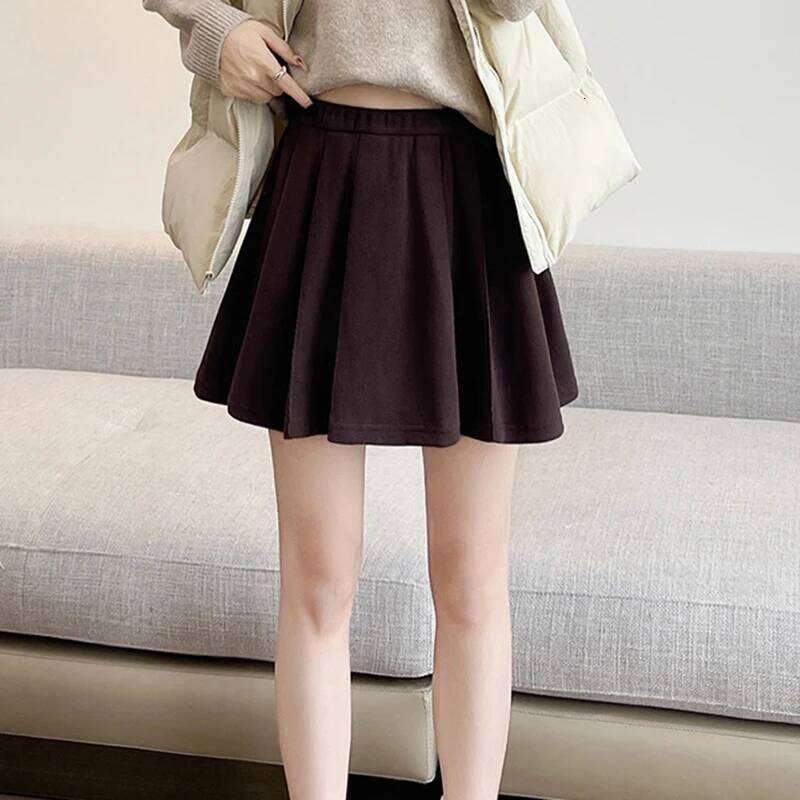 Women Elastic Waist Short Pleated Autumn Winter Solid Color Warm Woolen A-Line Skirts Korean Simple Mini Skirt for Woman Z260314