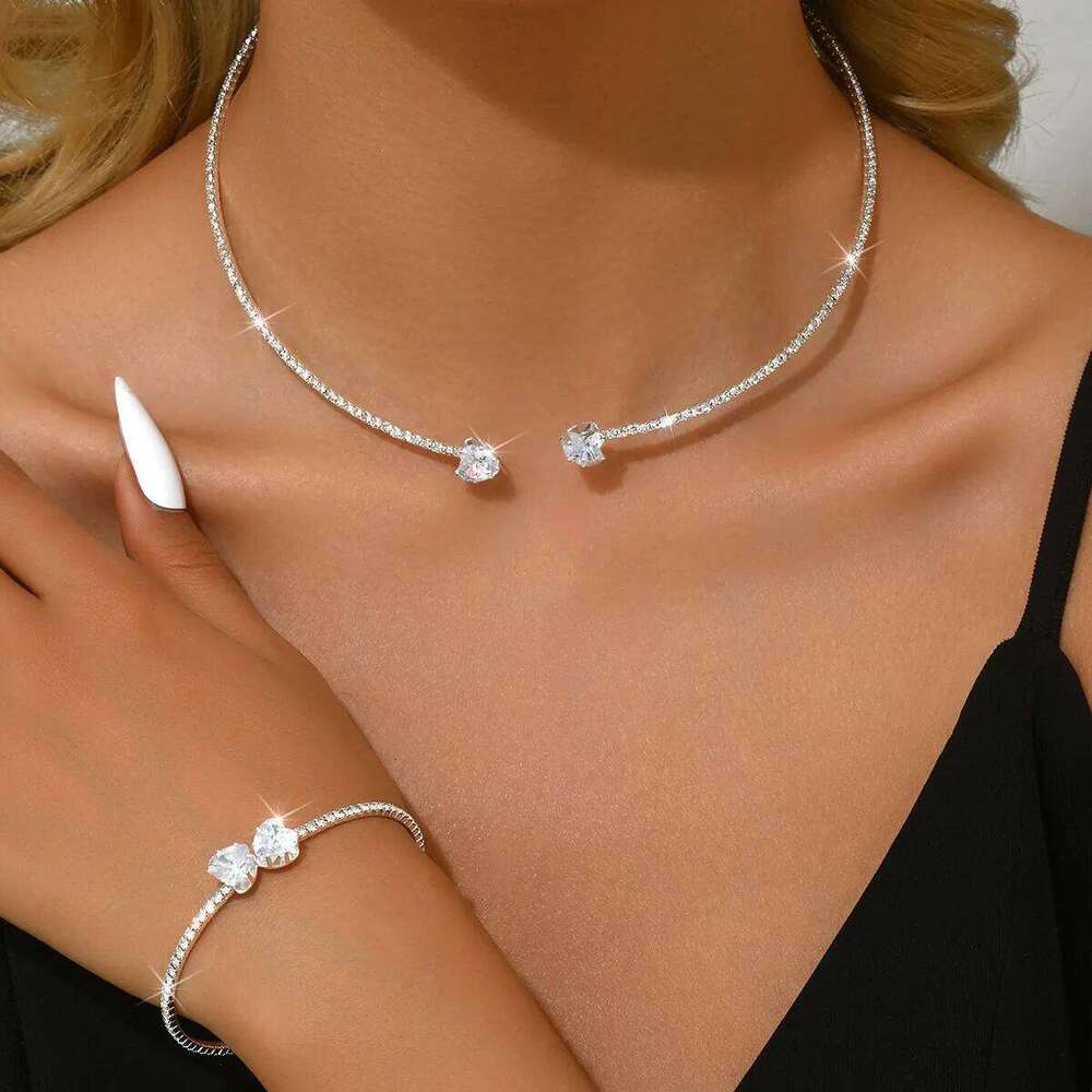 Shiny Crystal Jewelry Women Silver Plated Cubic Zirconia Choker Necklace Bracelet Set Party Evening Fashion Accessories Z260313