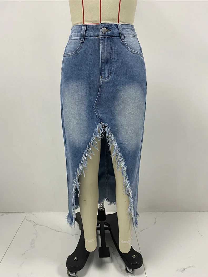 Irregular Denim Skirt Women Vintage Y2k Tassels High Waist Streetwear 2025 Skirts Washed Pockets Sexy Long Skirts Party Club M260314