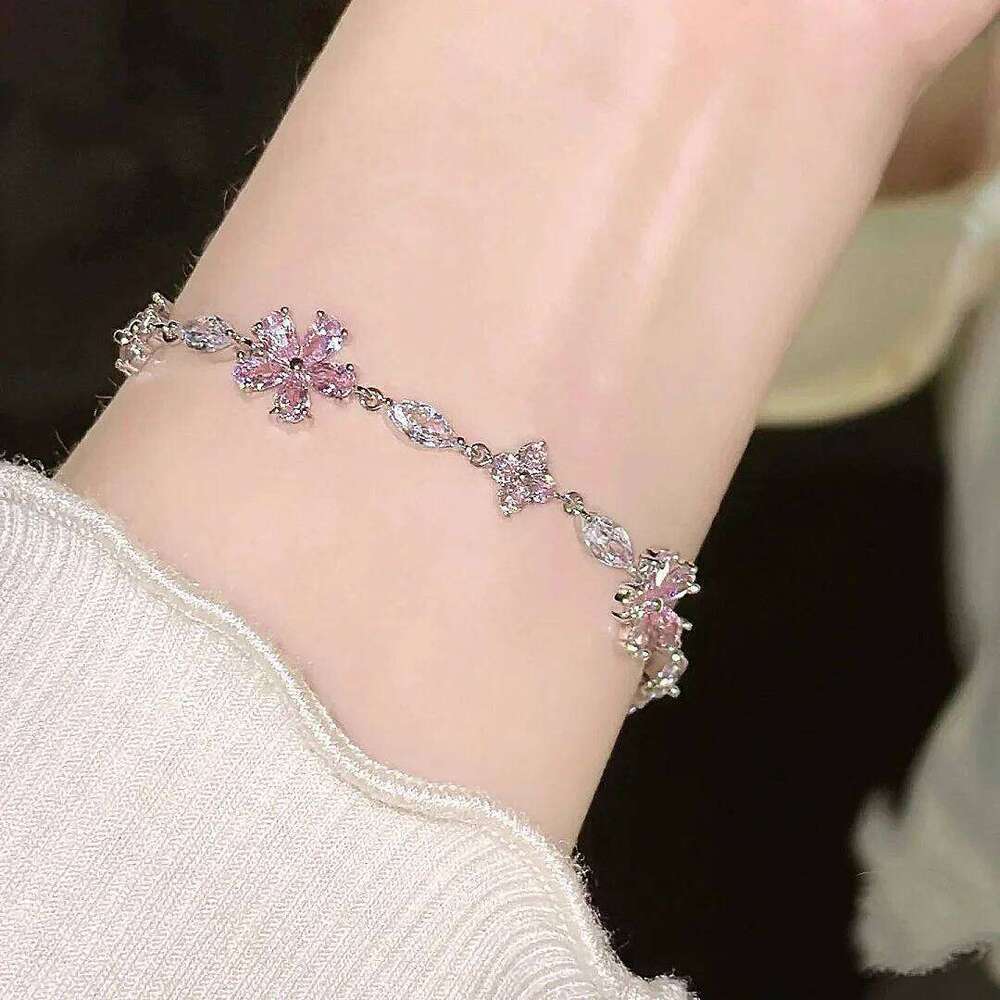 Trendy Y2K Fairy Pink Crystal Zircon Sakura Flowers Bracelet for Women Sweet Girls Cherry Blossom Moon Bow Knot Jewelry Gifts Z260313