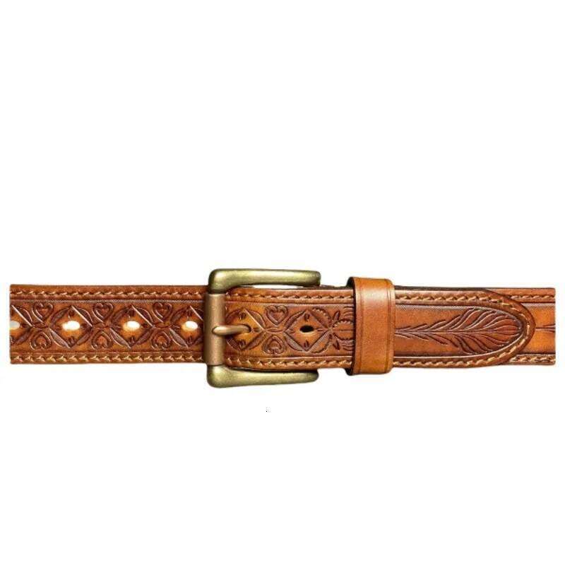 Vintage Luxury Brand Handmade Carved Leather Copper Buckle Man's Cowhide Retro Casual Jeans Army Belt Z260226