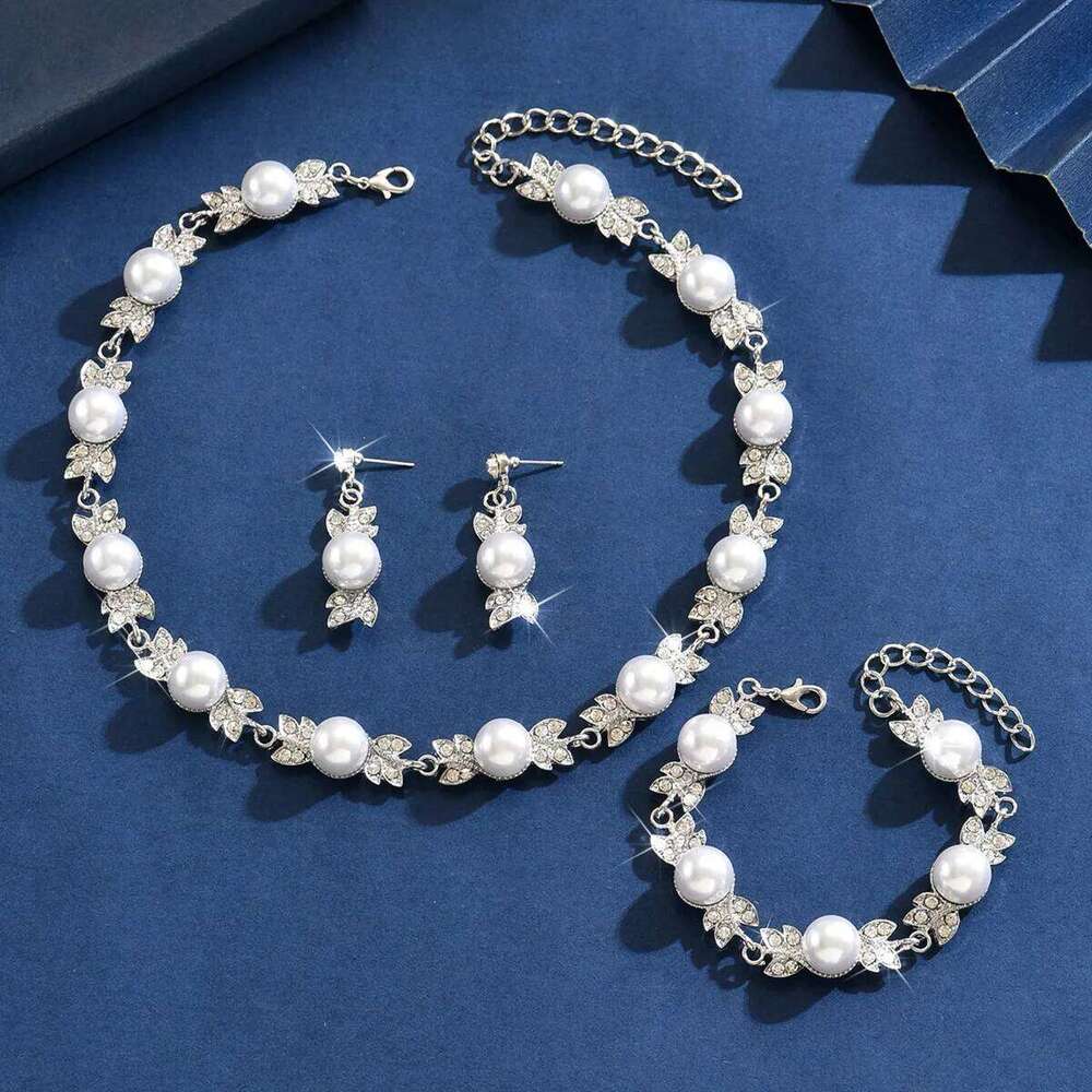 Faux Pearl & Crystal Jewelry Set Necklace+Bracelet+Earrings Silver-Tone for Women Party Wedding Accessories Product Descriptio Z260313
