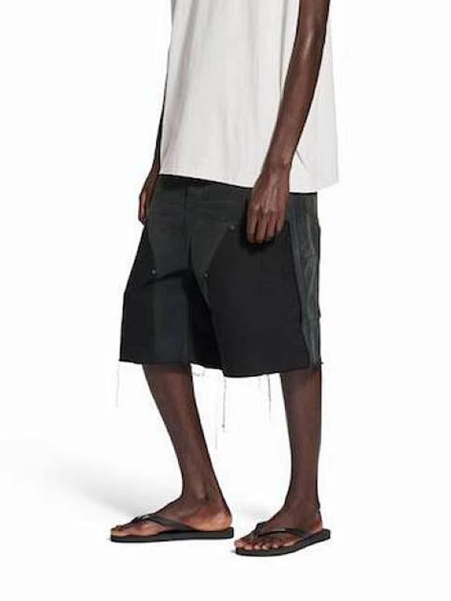 MIJKO Washed Logger Shorts Unisex Cat Whisker Fuzzy Edge Cuff Design Spliced Black TJ170