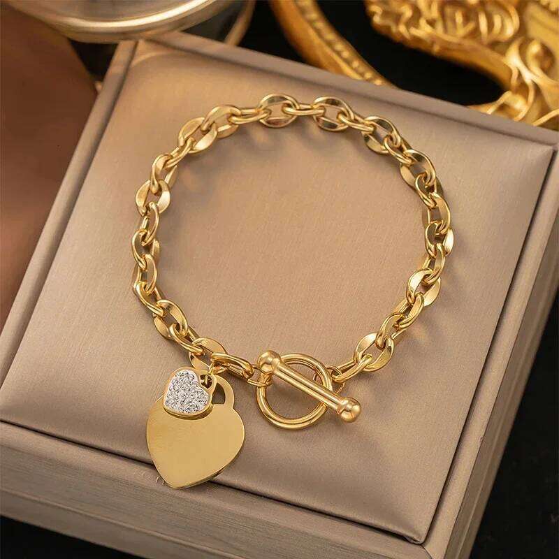 1 Pcs Bangle For Women Girl Not Fade Stainless Steel Gold Plated Waterproof Geometric Heart Pendant Bracelet Jewelry Z260313