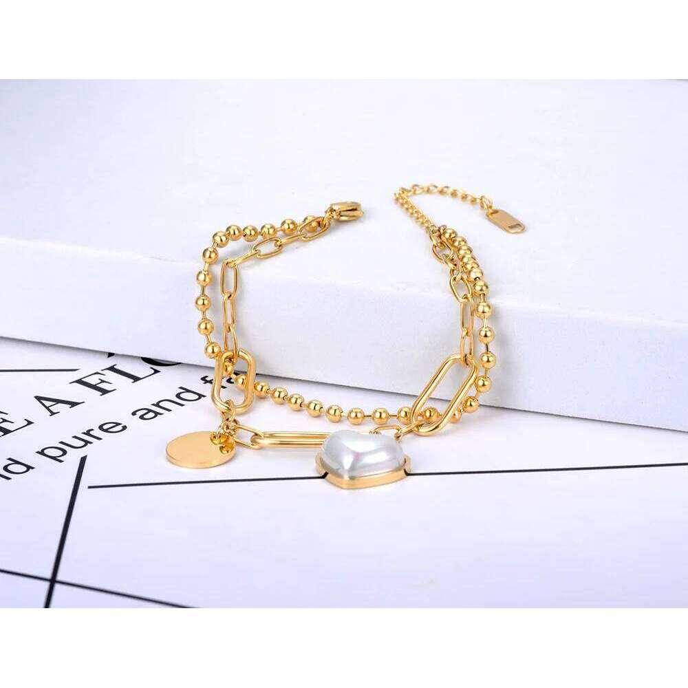 Lokaer Titanium Stainless Steel Double Layer Chain Bracelets For Women Fashion White Pearl Love Heart Charm Bracelet B21125 Z260313