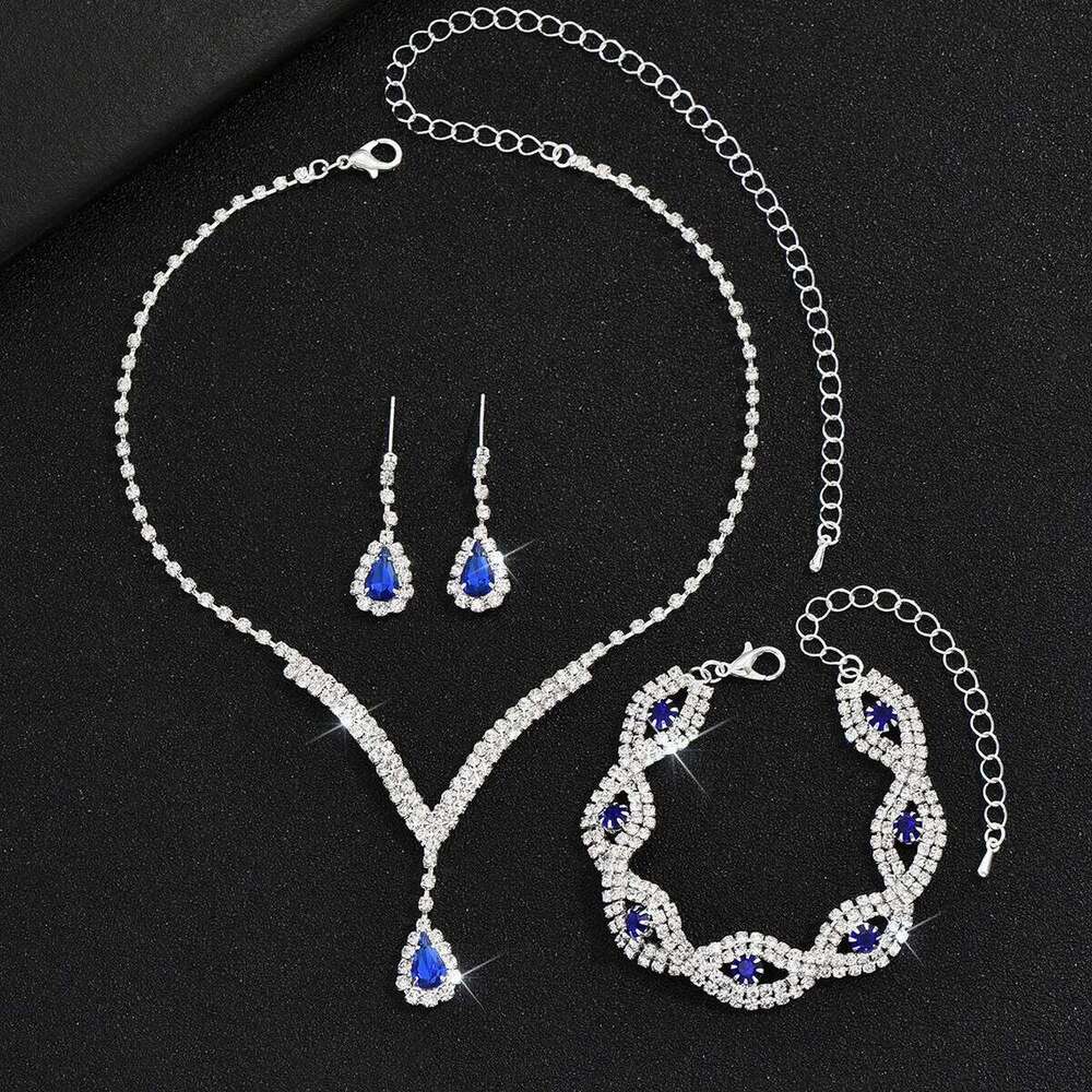 3 Pcs Luxury Rhinestone Bride Jewelry Set for Women Black Water Drop Crystal Earrings Wedding V Necklace Eye Bracelet Fashion- Z260313