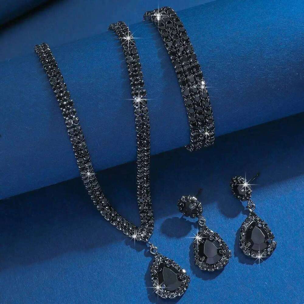 Elegant Teardrop Crystal Jewelry Set 4Pcs Necklace+Bangle+Earrings Shiny Silver-Plated for Women Wedding Party Evening Prom Z260313