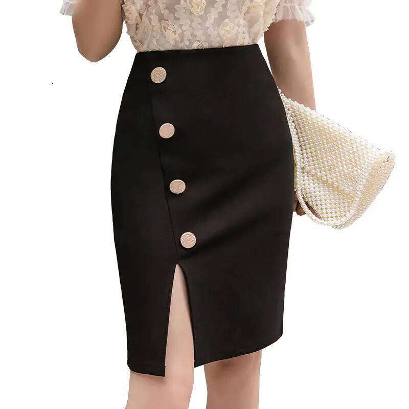 Summer New Button Split Short Skirts High Waisted Elastic Professional OL Women's Patchwork Zipper Bag Black Wrap Hip Half Skirt Z260314