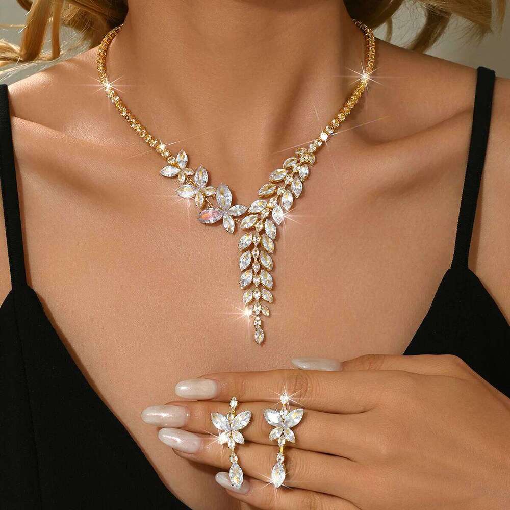 Luxurious and atmospheric wheat ear flower shaped ring bracelet earring necklace four piece set with accessories Z260313