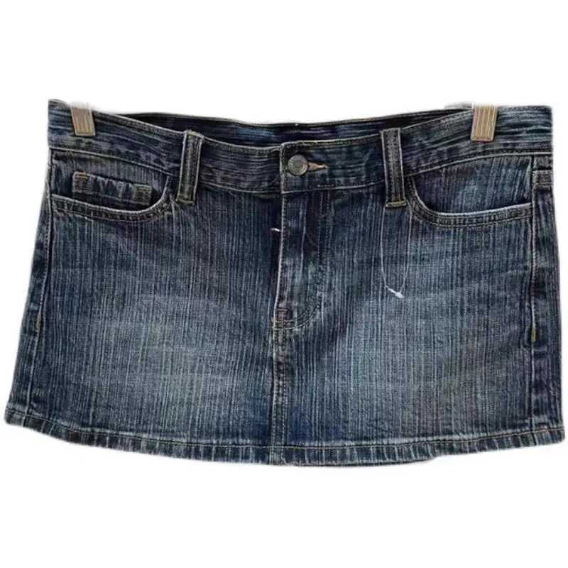 2000s American Spice Vintage Low Waisted Denim Skirt Women Streetwear Button PoCKet Summer Hip Sexy Commuter Straight Skirt M260314