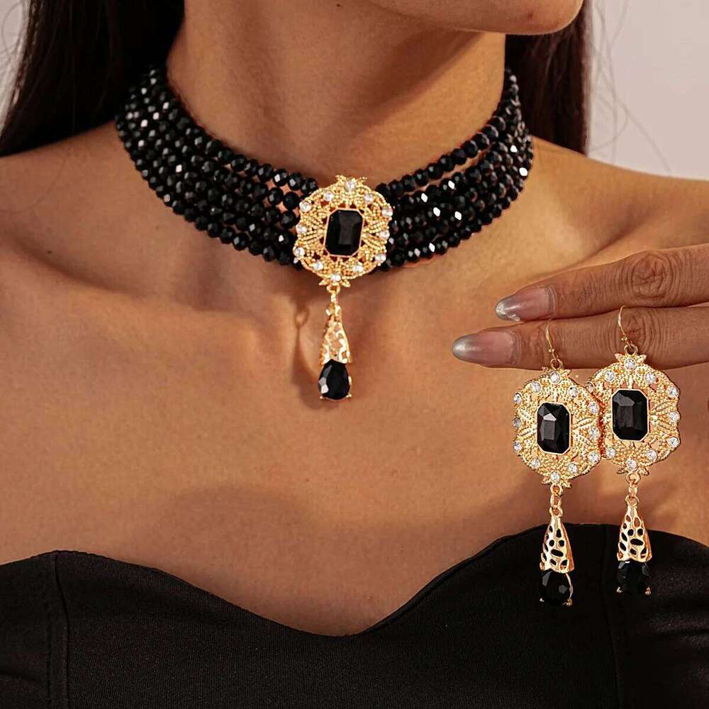 FYUAN Multilayer Green Red Blue Black Crystal Necklace Geometric Hollow Alloy Earrings For Women Weddings Banquet Jewelry Sets Z260313