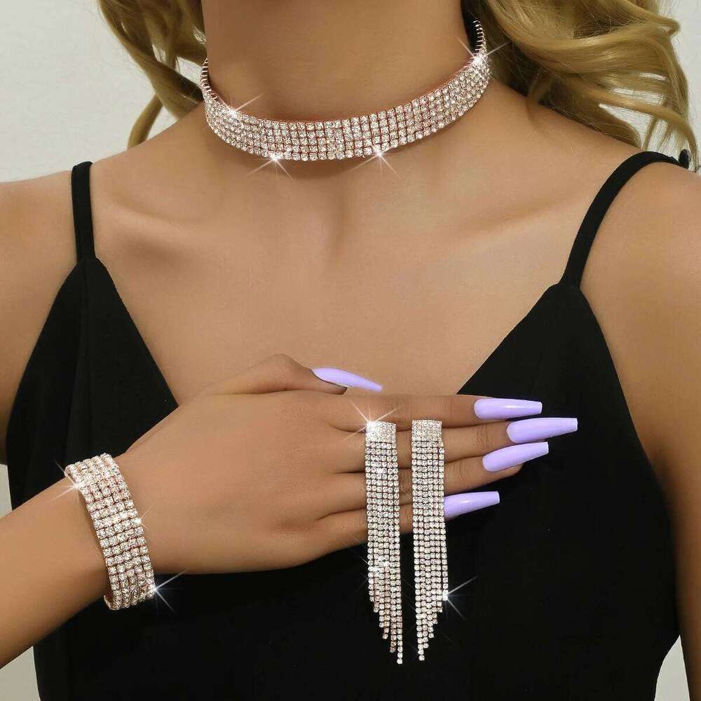 4pcs Fashion Women's Jewelry Tassel Rhinestone Earrings Necklace Bracelet Set Bridal Wedding Accessories Z260313