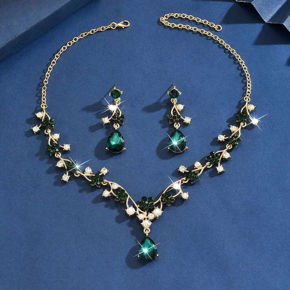 Floral Teal Crystal Necklace Earrings Set Women's Party Jewelry Flower Vine Water Drop Pendant Bridal Wedding Accessories Z260313