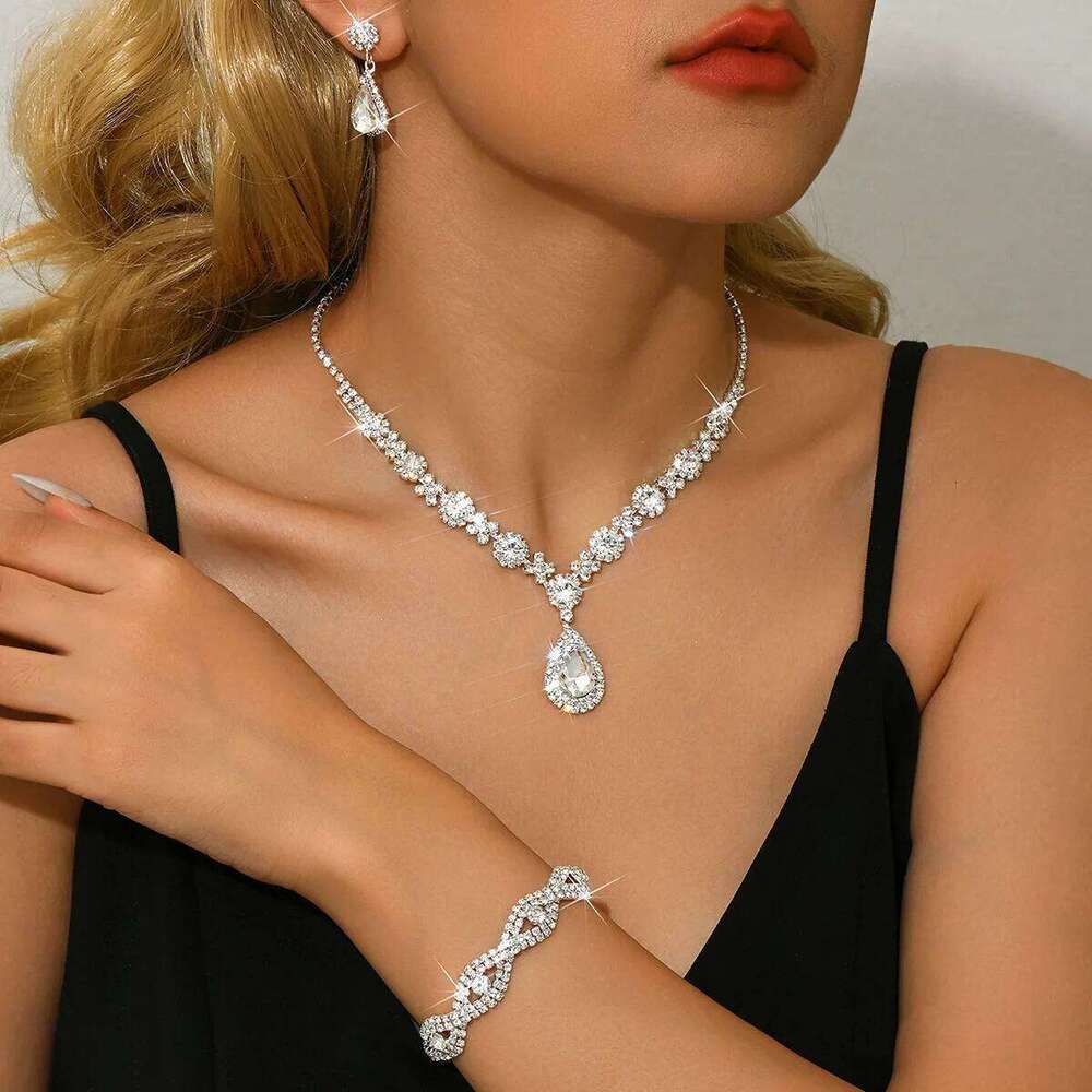 Glamorous Black Drop Zircon Jewelry Set - Necklace Bracelet + Earrings for Evening Party Wedding Z260313