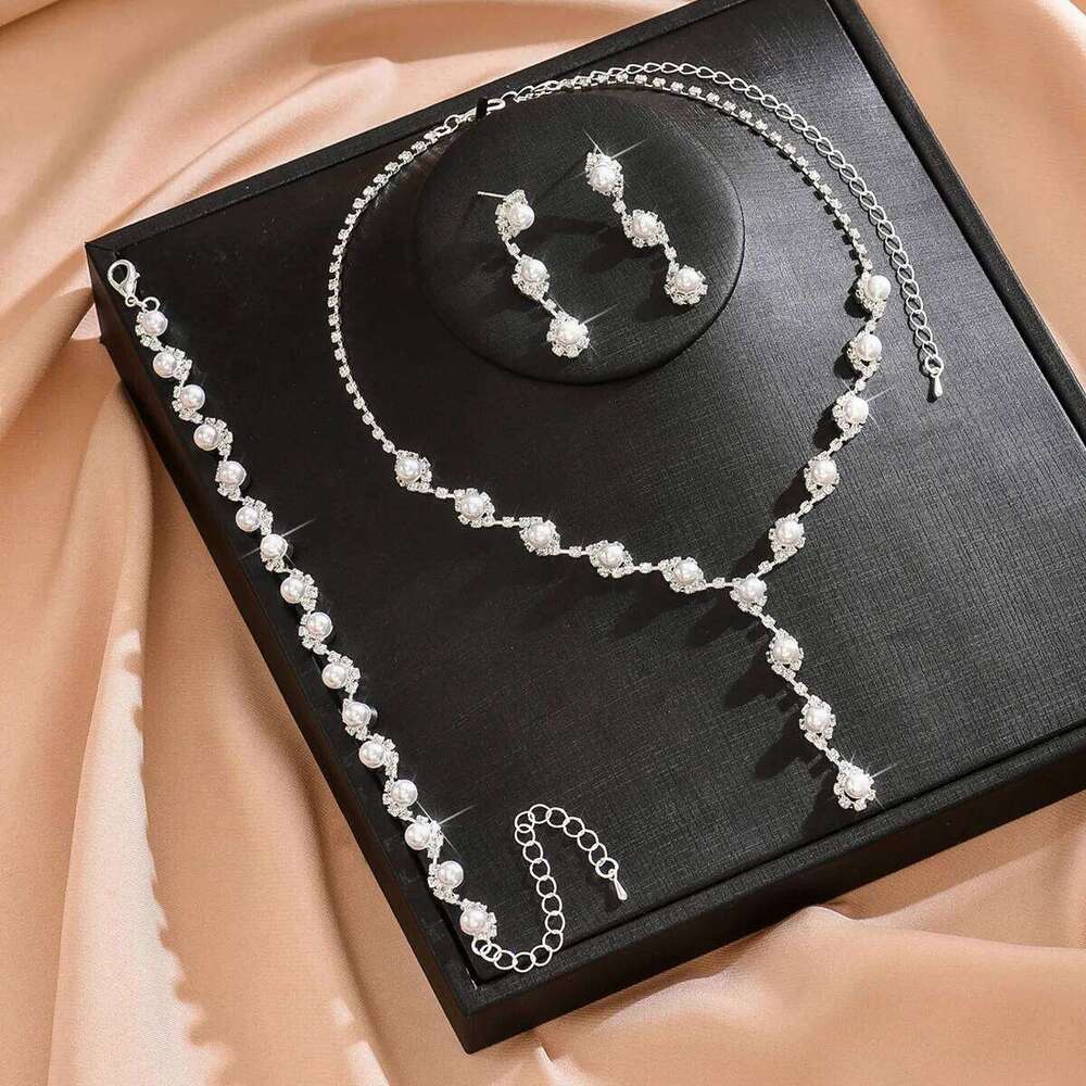 Women Pearl Rhinestone Jewelry Set Necklace Bracelet Earrings Party Prom Evening Fashion Accessories Z260313
