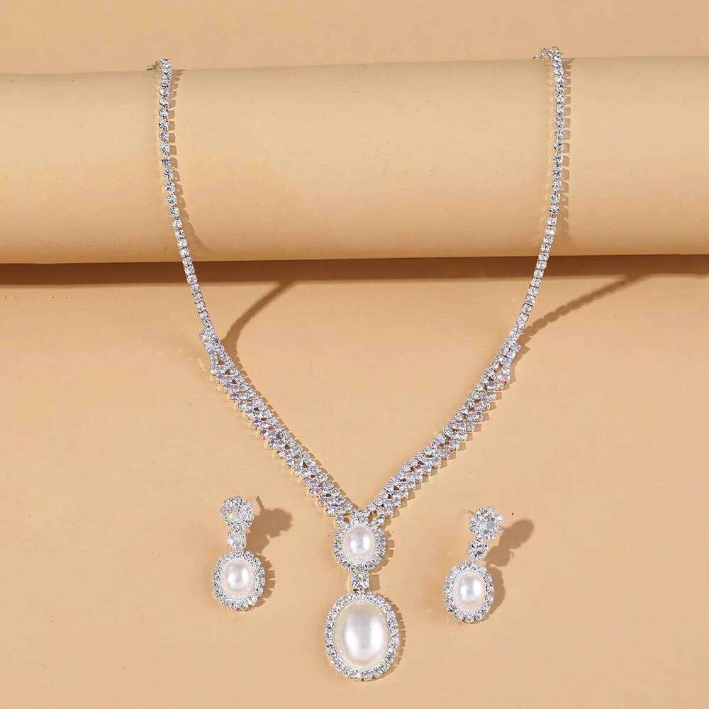 3PC imitation pearl inlaid rhinestone women's earrings necklace geometric design sense wedding party holiday gift Z260313