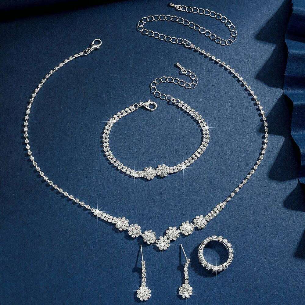 Floral Crystal Jewelry Set Necklace Earrings Bracelet Stretch Ring Flower Pendant Silver-Plated Bridal Accessories for Wedding Z260313
