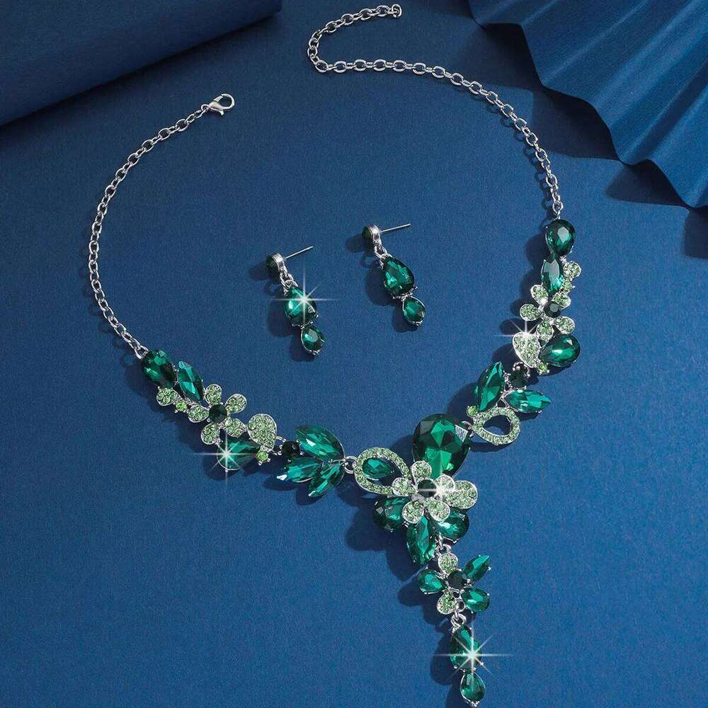 Elegant Blue Crystal Flower Statement Set for Women - Fashion Party Choker Necklace with Earrings 2025 New Arrival Z260313