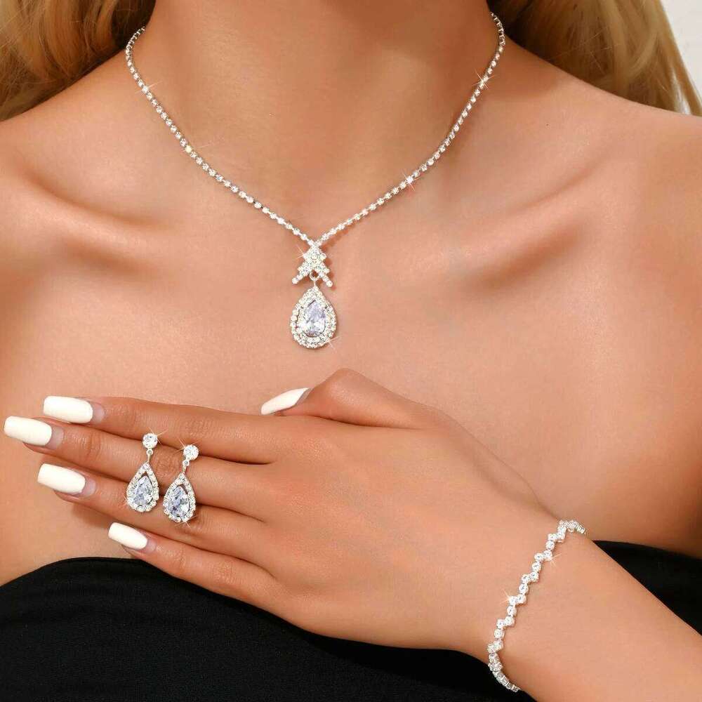 European and American delicate water droplets, diamond necklace, earrings, bracelet, three piece set for women Z260313