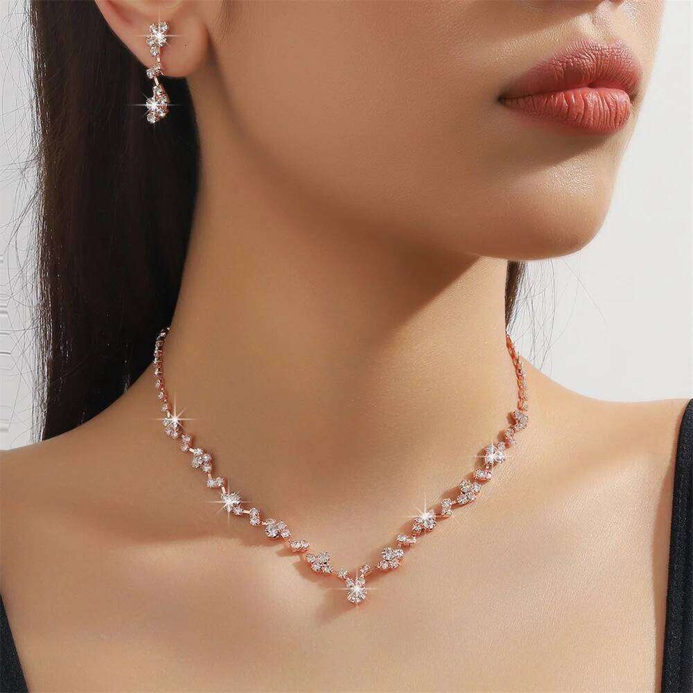 Fashion Crystal Bridal Geometric Choker Necklace Earrings Bracelet Wedding Neckchain Jewelry Sets Women Gift Z260313